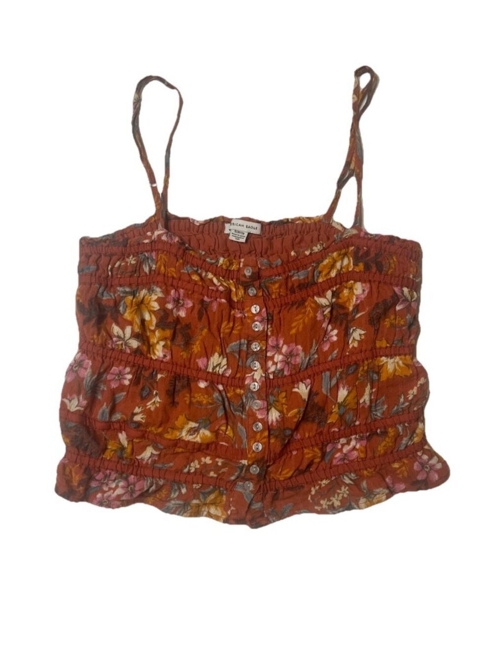 American Eagle Floral Smocked Cami Tank Top Rust Boho Cottagecore Sz Small